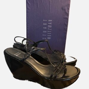 Vintage Stuart Weitzman Black Patent Platform Wedge Sandals | Size 9.5